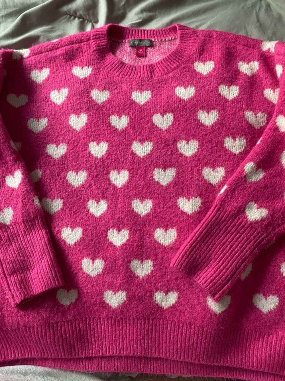 Vince Camuto Fuchsia Crewneck Sweater with White Heart Print